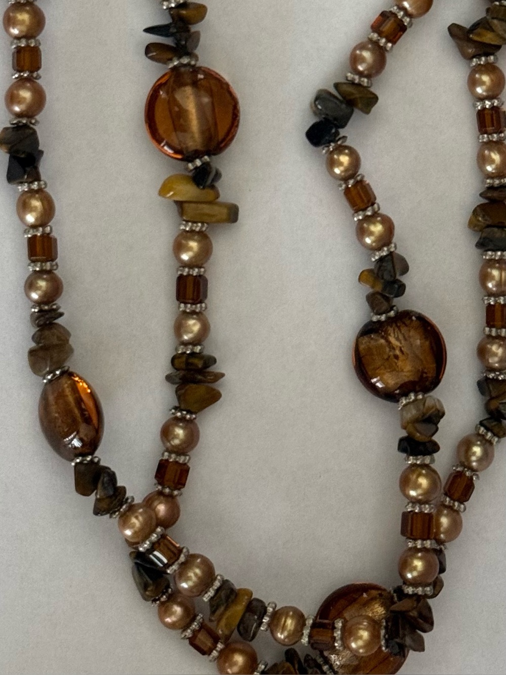 Vintage Boho Earth Tone Beaded Necklace Amber Glass Tiger's Eye Faux Pearl